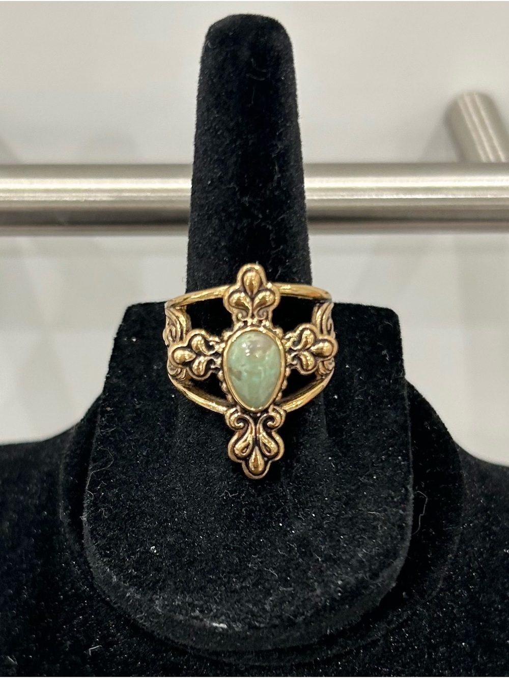 Barse Gold Tone Filigree Ring with Green Jasper Teardrop Stone